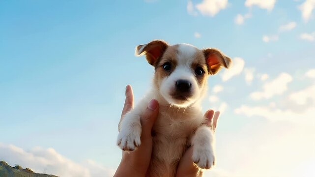 A closeup of a young puppy being held by a person against a backdrop of a clear blue sky with fluffy white clouds.