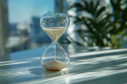 Sablier en verre avec sable color&eacute; symbolisant le temps qui passe et la gestion des priorit&eacute;s