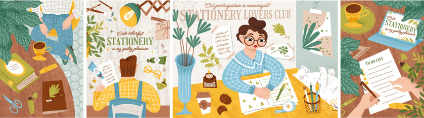 Stationery and cozy workplace. Vector cute illustration of a people working at a desk, hands writing a letter, and people sitting at a table surrounded by office supplies, coffee, paper, and a notepad
