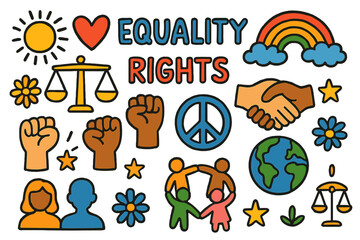 Fototapeta premium Equality and Unity Symbols. Equality and rights. Colorful Hand-drawn doodle Children illustration Equality and rights justice scales, heart, rainbow,