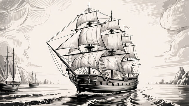 Ultra-detailed black and white pencil sketch of a majestic three-masted sailing ship in full sail, intricate rigging, billowing sails, vintage maritime style, dramatic wooden textures.