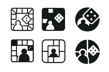 Game Night Icons. Family Game Nights. Set Logo of Board Game Icon: Minimal outline, Filled silhouette, Abstract geometric, Negative space, Flat