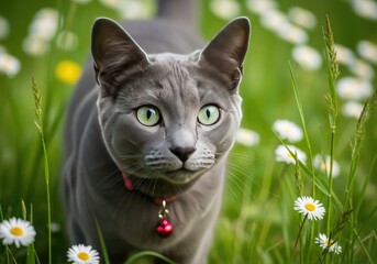 A beautiful grey cat with green eyes sits in a field of daisies, wearing a red collar with a bell
