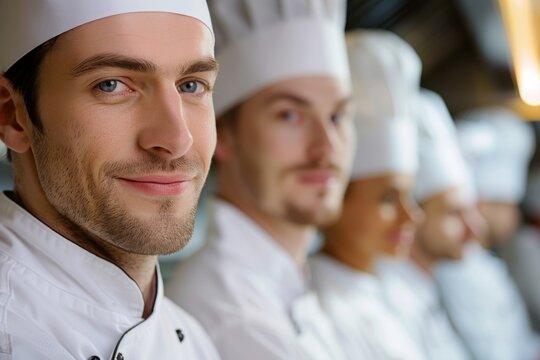 Young male chef smiling with colleagues in kitchen