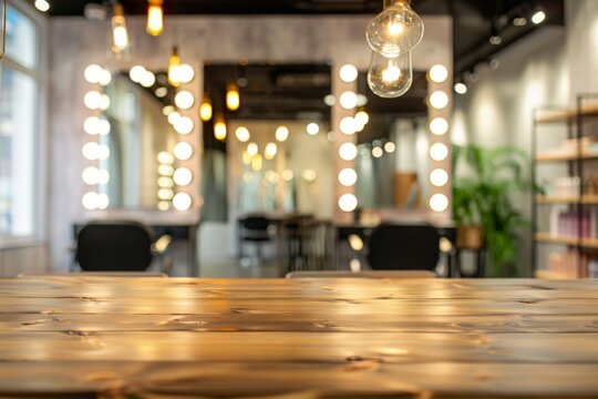 Modern beauty salon interior with wooden table