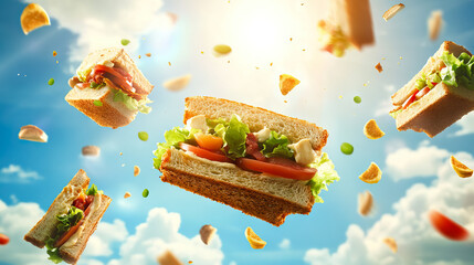 Sandwich dream: Appetizing sandwiches floating in the bright summer sky for National BLT Sandwich Month, National Sandwich Month, British Sandwich Week, National Sandwich Day
