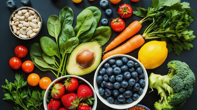 Cinematic Video of Flat-Lay Organic Superfoods on Dark Textured Surface with Soft Natural Lighting