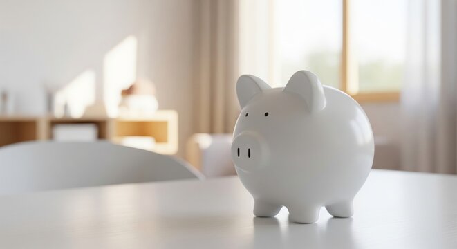 Child Future Savings Background, Piggy Bank. white piggy bank sitting on a clean desk. Background is a softly blurred, bright, modern room. Represents savings, financial planning, and a child's future