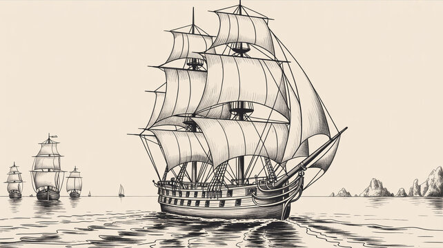 Ultra-detailed black and white pencil sketch of a majestic three-masted sailing ship in full sail, intricate rigging, billowing sails, vintage maritime style, dramatic wooden textures.