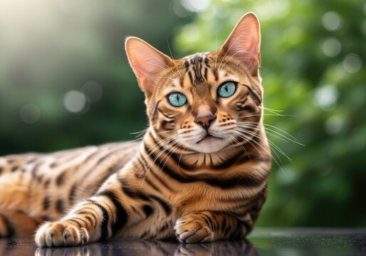 A beautiful bengal cat with striking blue eyes rests outdoors, its patterned fur and alert expression conveying a sense of wild elegance and domestic charm