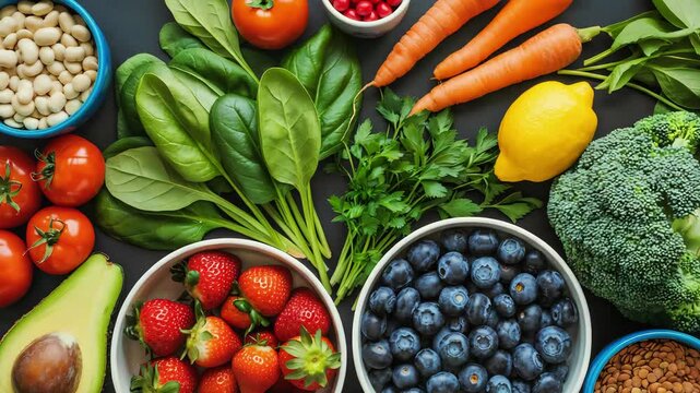 Cinematic Video of Flat-Lay Organic Superfoods on Dark Textured Surface with Soft Natural Lighting