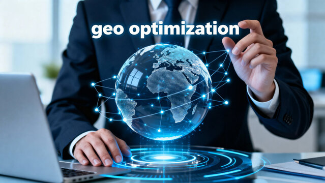 Global Business Technology — Man Pointing at World Map Illuminated with Blue Neon “Geo Optimization” Text