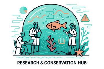 Marine Research Hub. Research and Conservation Hub. Scientists inside a glass dome study marine life; glowing