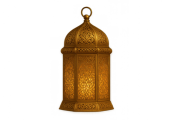 Golden ramadan lantern with islamic design glowing, fanoos decoration for eid and holy month celebrations, transparent background