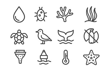 Fototapeta premium Ocean Health Icons. Ocean Health. Line icon set of Ocean Health: clean water droplet, plankton icon, coral branch, seagrass bed, sea turtle, seabird, whale