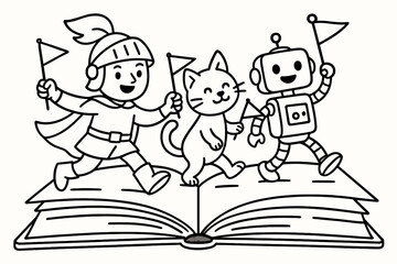 Book Characters Parade. Book characters parade children?s coloring book illustration, outlined drawing, three simple story characters?a hero, an animal friend,