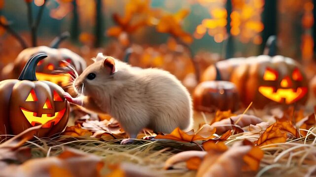 Halloweenthemed digital artwork featuring a hamster amidst a pumpkin patch with jackolanterns and autumn leaves. The hamster is the central focus.