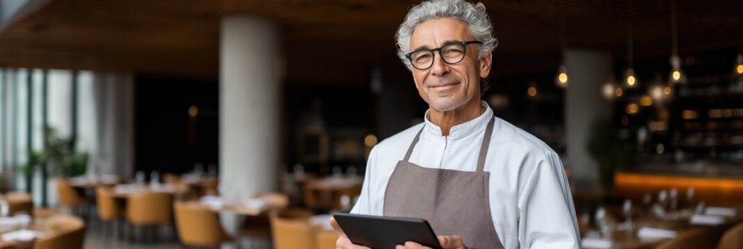 Mature caucasian male chef smiling in restaurant setting with tablet - Powered by Adobe