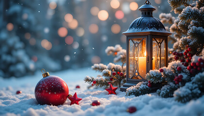 A warm glowing lantern illuminates a festive red christmas ornament and snow covered pine branches creating a magical winter wonderland scene with bokeh lights in the background