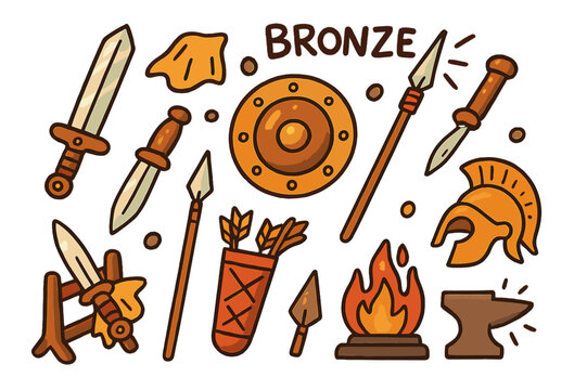 Bronze Weapon Doodles. Bronze weapons. Colorful Hand-drawn doodle Children illustration Bronze weapons sword, dagger, spear, arrowhead, shield, helmet, quiver,