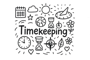 Timekeeping Doodle Art. Timekeeping. Hand-drawn doodle illustration of Timekeeping. clock, sundial, hourglass,