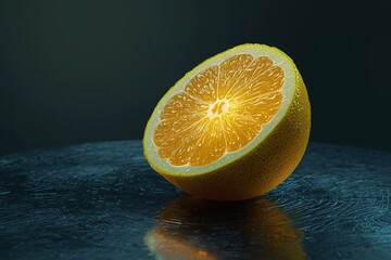 Half lemon on reflective dark surface