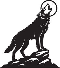 Silhouette of a wolf howling at the moon on a rock Keywords: wolf, howling, moon, rock, silhouette, animal, wildlife, predator, canine, wild, nature, night, sky, lunar, on transparent background
