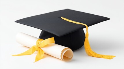 Graduation Cap and Diploma on White Background