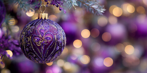 Festive Purple Christmas Ball Ornament Hanging From Decorated Branch with Bokeh Lights