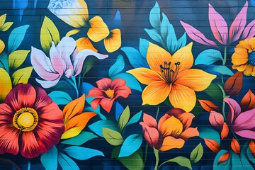 A bold street art mural with a fusion of electric colors and floral designs,