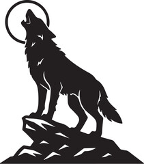 Silhouette of a wolf howling at the moon on a rock vector illustration on transparent background