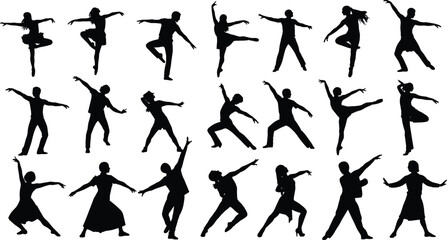 Massive collection of dancers silhouettes, people performing various dance styles including ballet, jazz, and modern, movement, black and white flat vector illustration set.