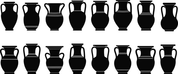 Set of Greek Amphora and Krater vase silhouettes, ancient classical pottery collection, historical archeology artifacts, black and white flat vector illustration, antique jars. © MdAzmol