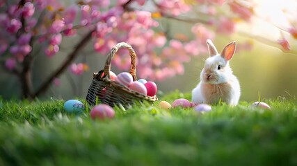 A closeup of a white rabbit with pink ears, sitting on a grassy field. The rabbit is positioned to the right of the frame, with its ears perked up.