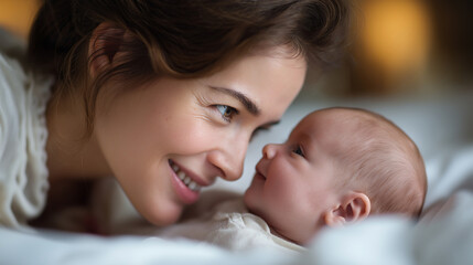 Soft moment of mother bonding with infant on bed, eye contact and gentle smile, motherhood, attachment, newborn, love, parenting, with copy space