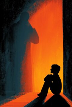 figure shadow of a stern and angry parent huddled in the corner of a frightened child psychology childhood trauma psychoanalysis