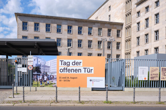 Berlin, Germany, August 10, 2025, Back entrance to the Federal Ministry of Finance with open day poster