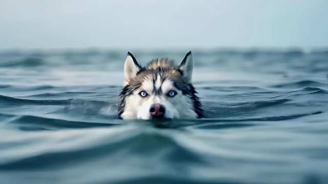 A closeup of a husky dog swimming in water. The dogs face is partially submerged in the water, with its head above the surface. The huskys fur is a mix of brown and white.