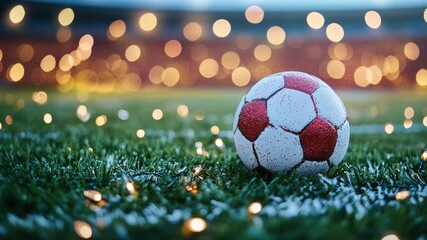 Festive soccer ball ornament coated in red glitter rests on snowy green grass, surrounded by warm twinkling Christmas lights creating a soft bokeh holiday glow - Powered by Adobe