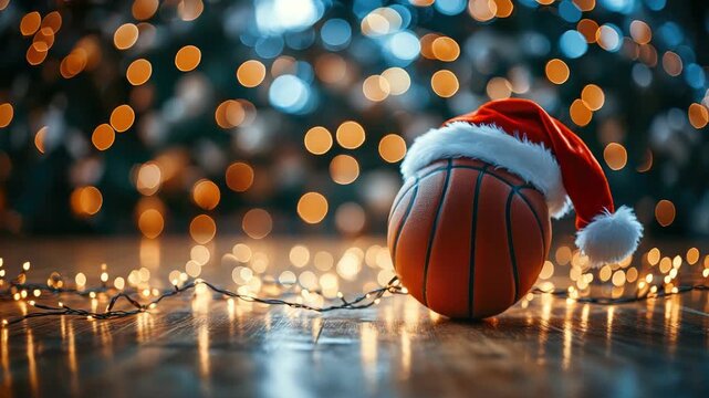 Merry basketball wearing a red Santa hat on a warm wooden floor, wrapped in glowing holiday lights with soft bokeh for a festive sports season celebration image
