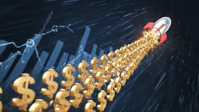 Rocket Launches Skyward, Leaving Golden Dollar Signs, Symbolizing Upward Growth in Finance and Investment, Charting Path to Wealth and Business Success