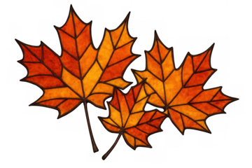Maple leaves in autumn colors, creating a stained glass style illustration, falling seasonal decoration on transparent background