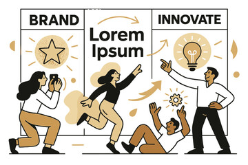 Innovative Brand Showcase. Brand showcase. Large digital wall displaying brand visuals and slogans; people