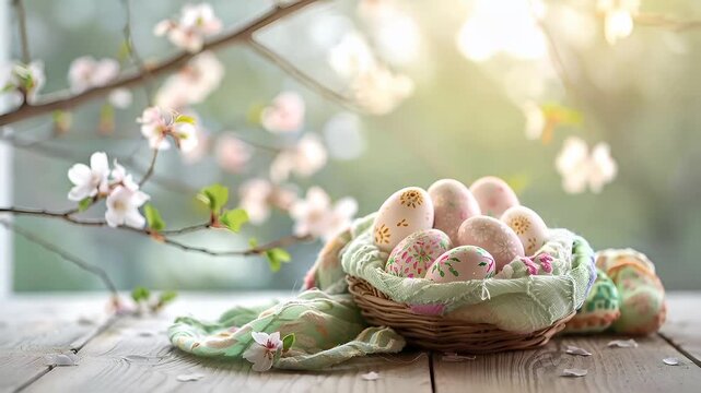 Easter bunny. A closeup of a basket filled with painted Easter eggs. The eggs are decorated with various patterns and colors. The basket is placed on a wooden surface. The background is blurred.