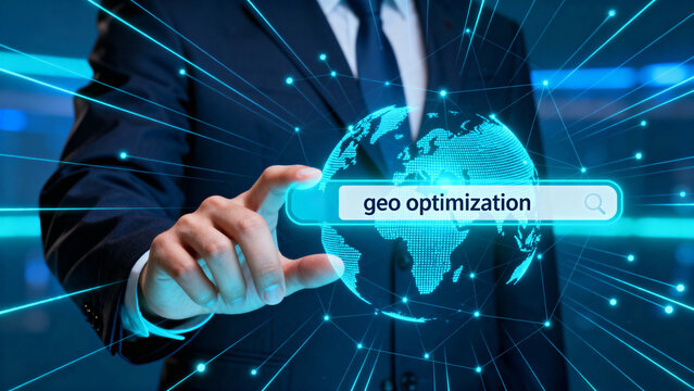 Man in suit touches geo optimization search bar over digital earth globe hologram with blue light beams