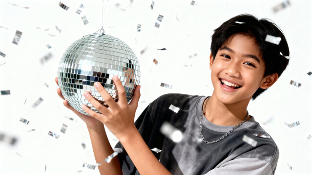 Young boy holding disco ball and smiling with confetti in background