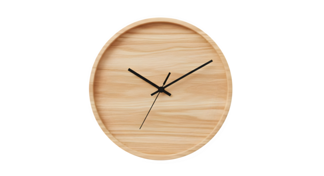 Stylish minimalist wooden wall clock telling time, perfect for modern home decor and time management visuals, promoting punctuality