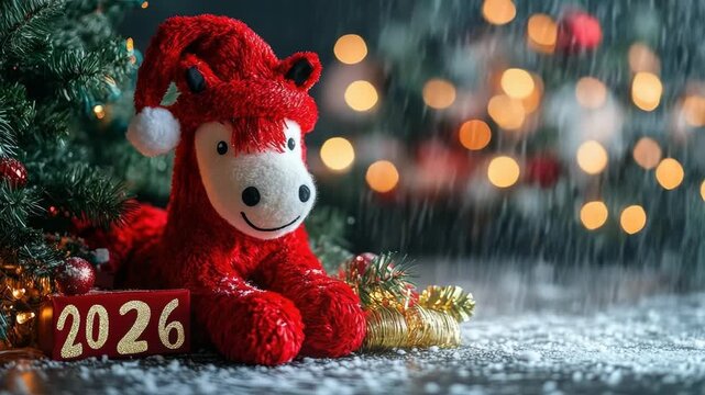 Festive holiday scene featuring a cute red plush horse in a Santa hat, symbol of the year 2026 according to the chinese zodiac, sitting under a christmas tree as snow falls gently