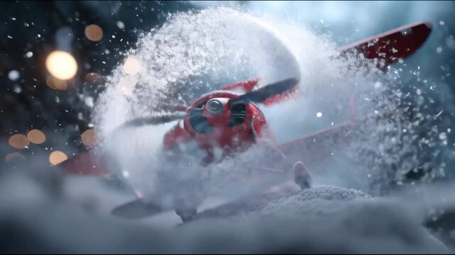 A red biplane stands on a snowy surface during snowfall, its propeller starting to spin and lifting snow into the air