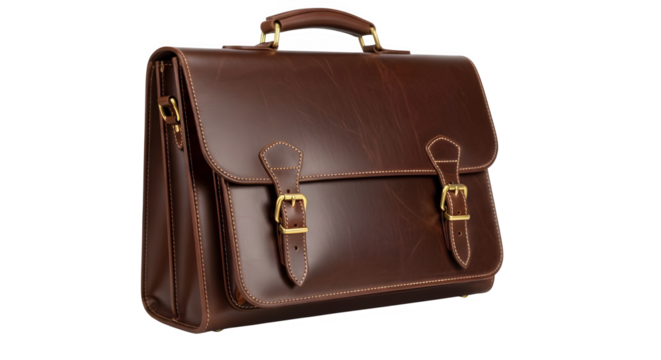 Sophisticated brown leather briefcase with golden buckles for professional style and timeless business elegance, crafted for success